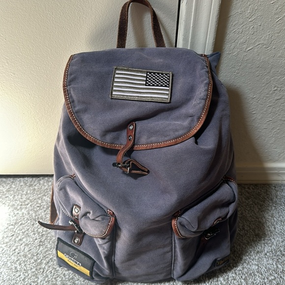 Polo Ralph Lauren RL Co Blue Canvas Brown Leather Backpack with Patches AS IS - Picture 5 of 16
